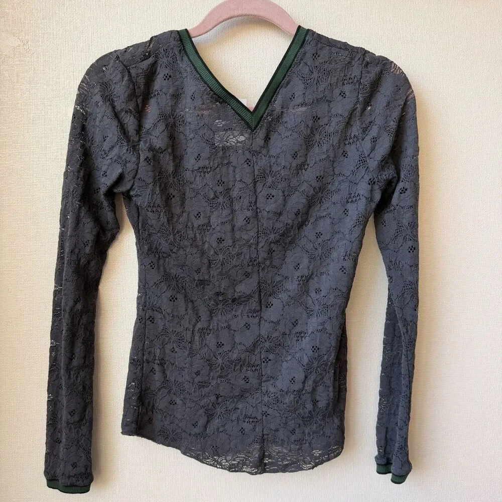 Free People Lace Long Sleeve Top XS Gray V-Neck Sheer Stretch Nylon Green Trim